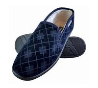 Dunlop - MENS PLUSH FUR LINED MEMORY FOAM PLAID CHECKED MOCCASIN SLIPPERS WITH HARD SOLE - Navy Rubber - Size 8 (UK Shoe)