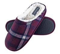 Dunlop - Mens Warm Plush Fleece Lined Slip on Mule Checked Plaid House Slippers - Red - Size 11 (UK Shoe)