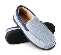 DUNLOP Moccasins Slippers Men Loafers Faux Fur Slippers Rubber Sole Memory Foam House Slippers Indoor Shoes Gifts For Men (Navy/White, 9 UK)
