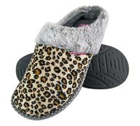 Dunlop - Ladies Cute Cosy Plush Memory Foam Knitted Slippers with Open Back Mules (6 UK, Leopard)