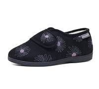 DUNLOP Womens Floral Print Touch and Close Slippers Ladies Memory Foam Machine Washable Shoes (Black 8)