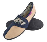 Dunlop Ladies Adjustable Wide Fit Floral Velcro Slippers - 4 UK - Navy