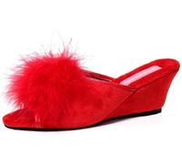 DUNLOP Women's Marilyn Open Back Dress Slippers Low Wedge Heel Fluffy Pom Pom Elegant House Shoes