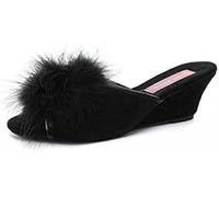 DUNLOP Women's Marilyn Open Back Dress Slippers Low Wedge Heel Fluffy Pom Pom Elegant House Shoes