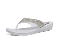 DUNLOP Womens Summer Sandals Sparkly Comfort Low Wedge Casual Diamante Occasion Flip Flops (All White, UK Footwear Size System, Adult, Women, Numeric, Medium, 3)