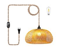 Plug in Pendant Light Handmade Bamboo Lampshade with Plug in Cord, Hanging Lamp Lighting Fixture, Dimmable Switch, 15ft/4.5m Hemp Rope Wire, for Living Room, Kitchen