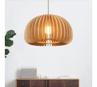DUNMW Vintage Wooden Pumpkin Pleated Pendant Light Simple Bamboo Chandelier Ceiling Light Ceiling Lamp for Bedroom, Dining Room, Hallway, 11.9''