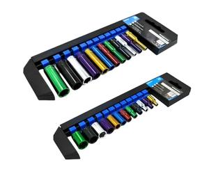 Dunnet Tools Deep and Standard 1/2 Socket Sets 20pc Coloured Deep Socket Set 1/2 Inch Heavy Duty Hex Bit Socket Set On Storage Rail Metric 13-24mm Tool Set Plumbing Electrician Mechanic Tools