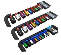 Dunnet Tools Standard Socket Sets 1/4 3/8 1/2 32pc Coloured Socket Sets 1/4" 3/8" 1/2" Inch Heavy Duty Sockets On Storage Rail Metric 4-24mm Tool Set Plumbing Electrician Mechanic Tools