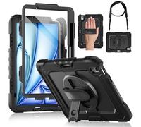 DUNNO for iPad Air 11 Inch Case M3 2025 & M2 2024, Heavy Duty Shockproof Case with Screen Protector, Pencil Holder, 360° Rotating Stand, Adjustable Hand & Shoulder Strap (Black)