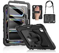 DUNNO for iPad Pro 11 Inch Case M4 2024 5th Generation, Shockproof Case with Screen Protector, Pencil Holder, 360° Rotating Stand, Adjustable Hand & Shoulder Strap (Black)