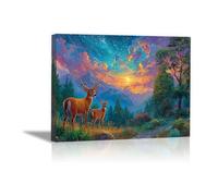 DunPei Animal Canvas Wall Art Deer in the Forest A perfect wall art living room bedroom kitchen dining room bathroom bars wall decor(pink)-70x100cm Framed