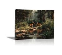 DunPei Animals Decor Canvas Wall Art Deer in the Forest home decoration such as living room bedroom kitchen bathroom dining room office(green)-30x45cm Framed