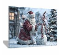 DunPei Christmas Wall Art Decor, Santa Claus and the Snowman Bathroom Pictures Prints for Wall, Winter Holiday Xmas Decoration Indoor(red and white)-80x120cm Framed