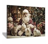 DunPei Cozy Christmas Wall art, Santa Claus and the Rabbit Vintage Holiday Scene Easy to hang, Perfect Festive Background for Church Nursery Office Party Decoration(red)-50x70cm Framed