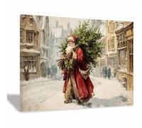 DunPei Cozy Christmas Wall art, Santa Claus on the Street Vintage Holiday Scene Easy to hang, Perfect Festive Background for Church Nursery Office Party Decoration(multicolored)-60x90cm Framed