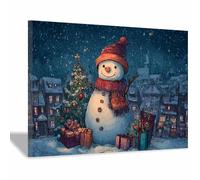 DunPei Cozy Christmas Wall art, The adorable snowman Vintage Holiday Scene Easy to hang, Perfect Festive Background for Church Nursery Office Party Decoration(blue)-30x45cm Framed