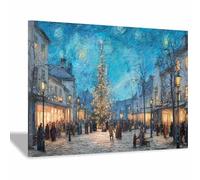 DunPei Cozy Christmas Wall art, The Christmas tree on the street Vintage Holiday Scene Easy to hang, Perfect Festive Background for Church Nursery Office Party Decoration(blue)-80x120cm Framed
