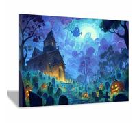 DunPei Halloween Canvas Wall Art Abstract castle for Living Room Decoration Poster Painting Prints, Fall Canvas Art for Bedroom Home Decor Living Room(Blue73)-30x45cm Framed