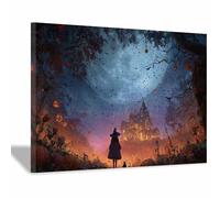 DunPei Halloween Canvas Wall Art Painting, Castle and Witch Wall Decor, Poster Print, for Kitchen Bedroom Office Decor Ready To Hang(burning orange94)-80x120cm Framed