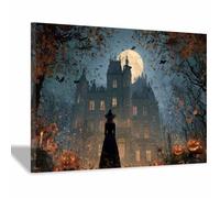 DunPei Halloween Canvas Wall Art Painting, Castle and Witch Wall Decor, Poster Print, for Kitchen Bedroom Office Decor Ready To Hang(blue40)-70x100cm Framed