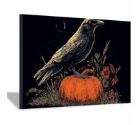 DunPei Halloween Decorations Indoor Wall Decor: Crow and Pumpkin Canvas Poster, Halloween Wall Art, for Bedroom Office Decor(black48)-30x45cm Framed