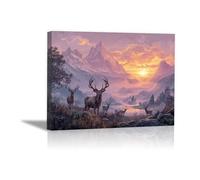 DunPei Wall Art,Animals Canvas Picture Prints a herd of deer Modern Aesthetic Posters Prints For Living Room(pink)-80x120cm Framed