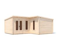 Dunster House L-Shaped Log Cabin Pent Roof 24mm Double Glazed Windows W6M X D5M / W19' X D16'6" Hellwolf
