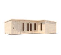 Dunster House L-Shaped Log Cabin Pent Roof 24mm Double Glazed Windows W8M X D5M / W27'4" X D16'6" Hellwolf