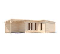 Dunster House L-Shaped Log Cabin Pent Roof 24mm Double Glazed Windows W9M X D5M / W29' X D16'6" Hellwolf