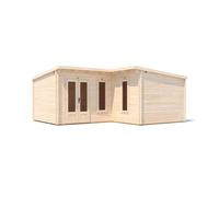Dunster House L-Shaped Log Cabin Pent Roof 24mm Double Glazed Windows W6M X D5M / W19' X D16'6" Hellwolf