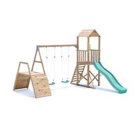 Dunster House SquirrelFort Kids Wooden Climbing Frame with Double Swings, Raised Platform, Rock Wall & Long Slide - Durable Outdoor Garden Play Tower for Children
