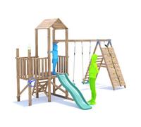 Dunster House Wooden Climbing Frame With Two Swings, Tall Climbing Wall & Slide Balconyfort High Platform