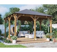 Dunster House Wooden Gazebo Leviathan 4M X 4M Permanent Heavy Duty Patio Shelter With Roof Shingles, Brown