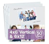Dunwell 12x12 Scrapbook Page Protectors, 50 Pack, Fits 3-Ring Scrapbook Album Binder, Combo Layout Holds 300 4x6 Vertical Photos Plus 6x12 Top Pocket, Acid-Free Poly 12x12 Scrapbook Page Protectors