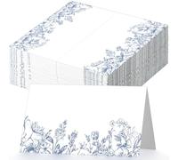 Dunzoom 100 Pcs Blue Floral Place Cards 3.5" x 2" Chinoiserie Blue White Flower Tented Name Cards Blank Table Name Sign for Wedding Baby Shower Party Banquet Table Setting Supplies