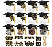 Dunzoom 12 Pcs Graduation Candy Gift Boxes Grad Party Supplies 2026 Decorations Plastic Long Boxes with Mini Felt Graduation Hat Cards Rope for Grad Party Favor (2.4 × 2.4 × 3.1 Inch)
