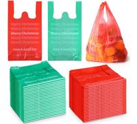Dunzoom 180 Pcs Christmas Gift Bags Plastic T Shirt Bag, Red and Green | Merry Christmas Style, Christmas Gift Bag, with Handle Large Capacity, for Merchandise Shops, Markets and Xmas Events