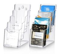 Dunzoom 2 Pcs 4 Tier Acrylic Brochure Holder 4 Inch Clear Brochure Display Stand Multi Pocket Pamphlet Holder Literature Rack Organizer for Removable Divider Wall Mount or Countertop
