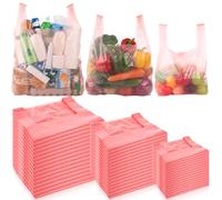 Dunzoom 200 Pcs Pink T-shirt Bags Bulk PE Plastic Shopping Trash Grocery Retail Bags with Handles for Business, Retails, Grocery, Take Out, Supermarket, 3 Size, 17" x 29", 12" x 20", 7" x 13"