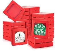 Dunzoom 25 Pcs Sublimation Ornament Blanks Gift Box 3.6"x3.6"x0.7" Christmas Ornaments Holder Ceramic Discs Packaging Box with Window for Personalized Xmas Tree Blanks Bulk (Red)