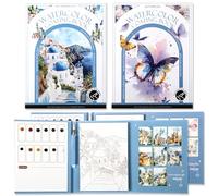 Dunzoom 32 Sheets Watercolor Coloring Book 2 Pack Water Color Workbook Paper Paint Set with 12 Colors Paint Cakes and Brushes for Adults Beginners Art Painting Supplies(Butterfly&Castles)