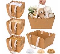 Dunzoom 36 Pcs Empty Gift Basket Set Kraft Paper Empty Baskets Bulk 10 x 8 Inch Scalloped Trim Foldable with Handles and Raffia Fillers for Wedding Birthday Party Christmas Gift Wrapping (Kraft)