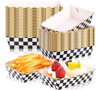 Dunzoom 50 Pack Gingham Paper Food Trays Disposable Gingham Plates Black and White Checked Food Trays Boats for Snacks Nachos Hot Dog Bavarian German Carnival Bridal Baby Shower Party Decor