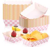 Dunzoom 50 Pack Gingham Paper Food Trays Disposable Gingham Plates Pink and White Checked Food Trays Boats for Snacks Nachos Hot Dog Bavarian German Carnival Bridal Baby Shower Party Decor