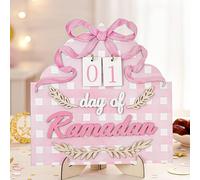 Dunzoom Ramadan Countdown Calendar Ramadan Wooden Table Decorations for Home Pink Bow Eid Mubarak Advent Countdown Wooden Eid Advent Calendar with Holder Mubarak Table Decorations for Home