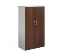Duo double door cupboard 1440mm high with 3 shelves - white with walnut doors