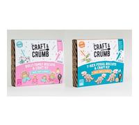 Duo of Craft & Crumb Baking Kits and gifts - Dinosaur and Doll themed biscuit baking kits containing pre-measured dry ingredients, tools and bespoke craft activity for each kit