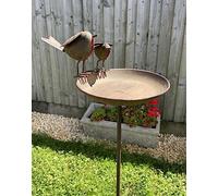 Duo Robin Bird Bath On Tall Spike | Metal British Garden Bird Statue Ornament Gift Robins Appear