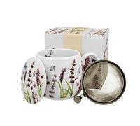 DUO Tea Cup Tea Mug Set with Tea Strainer Stainless Steel and Lid Porcelain Tea Cup Bulbous with Strainer Gift Cup Flowers Cup with Tea Infuser 400 ml 3-Piece Gift Box Herbal Tea Cup (Provance)